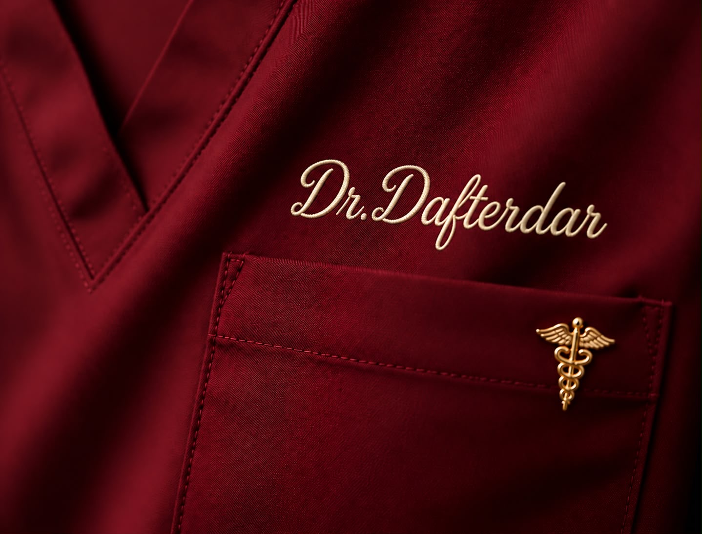 Gold thread embroidery of a doctor's name and emblem on the chest of a crimson scrub top