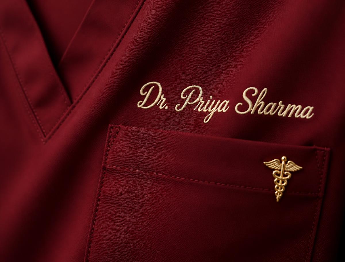 Detail of embroidered name and specialty crest on a crimson scrub top