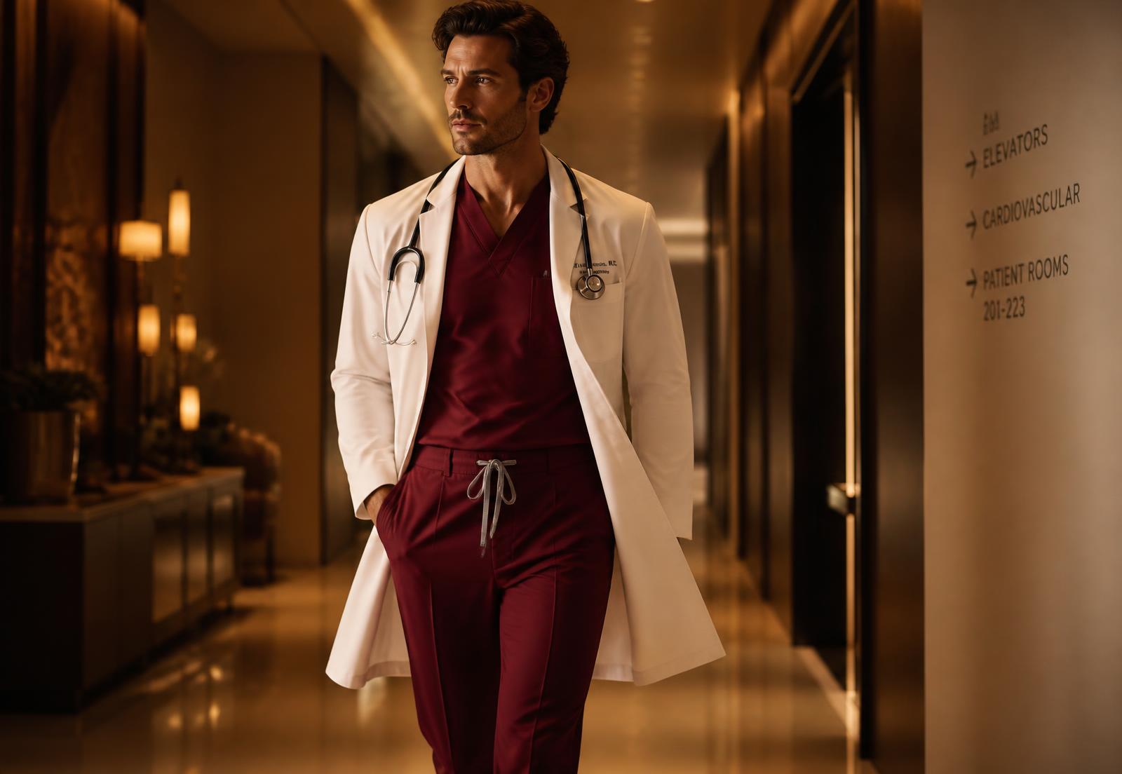 Doctor walking a warmly lit corridor in crimson REDS scrubs under an open ivory lab coat