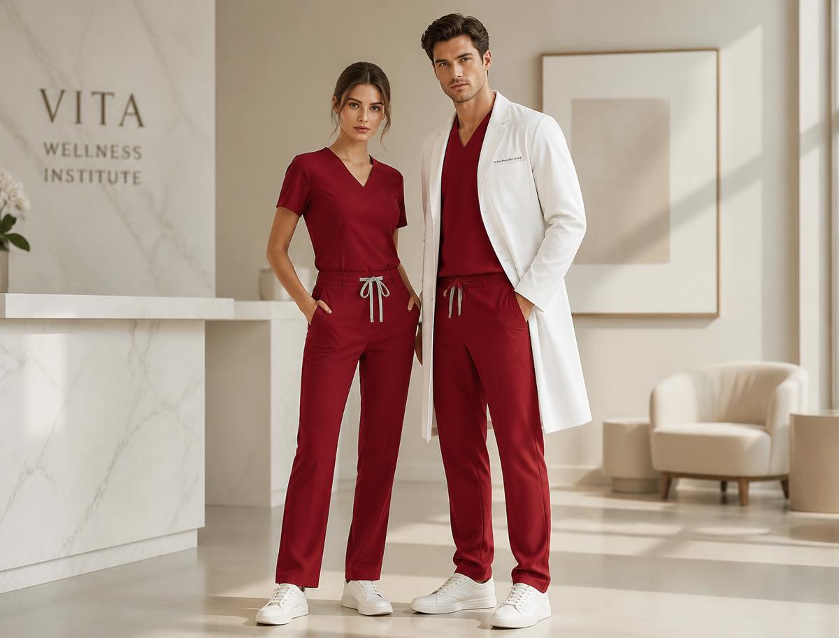Two doctors in tailored crimson REDS scrubs and an ivory lab coat in a bright clinic
