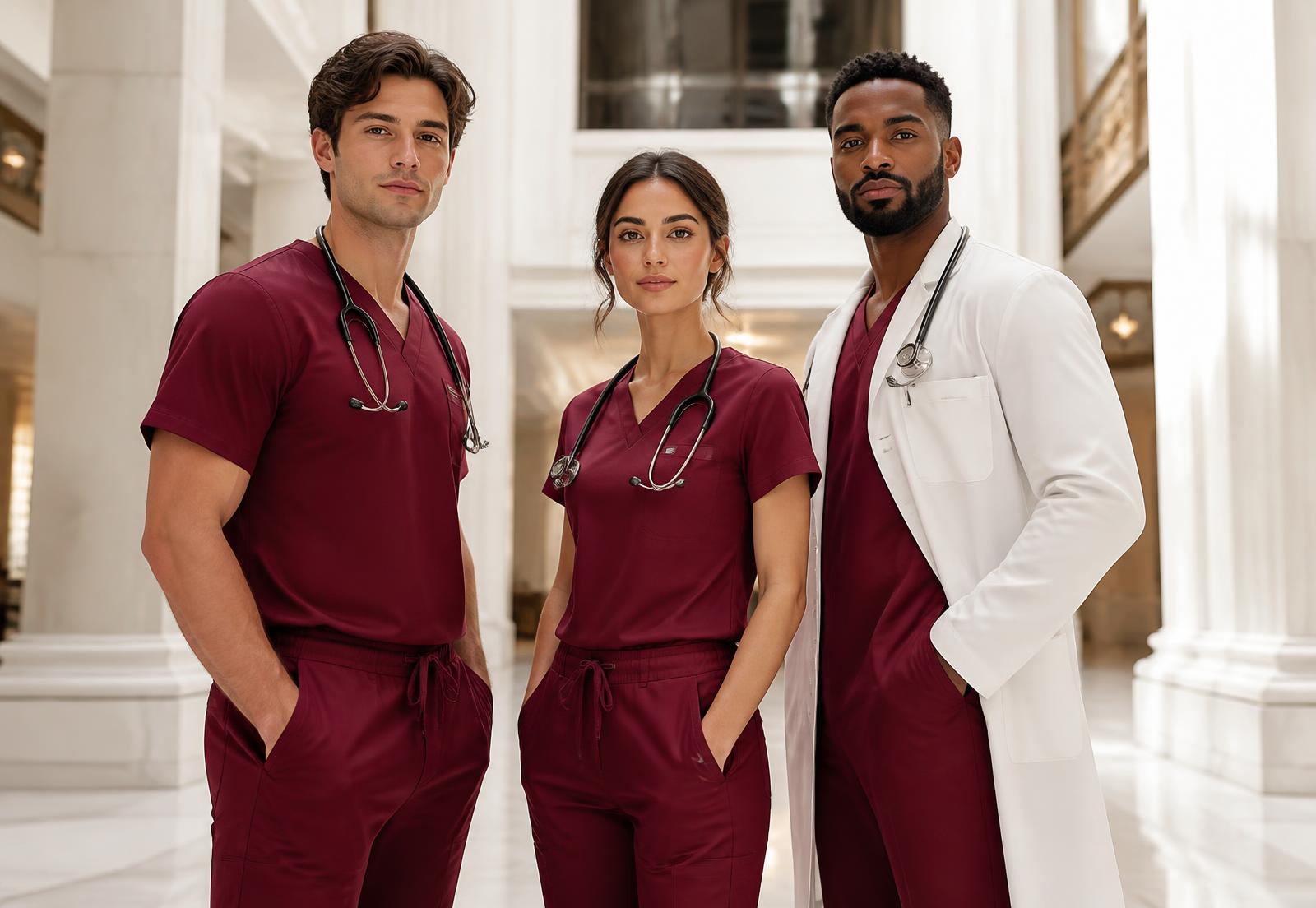 Three doctors in tailored deep crimson REDS scrubs and an ivory lab coat in a marble hospital atrium