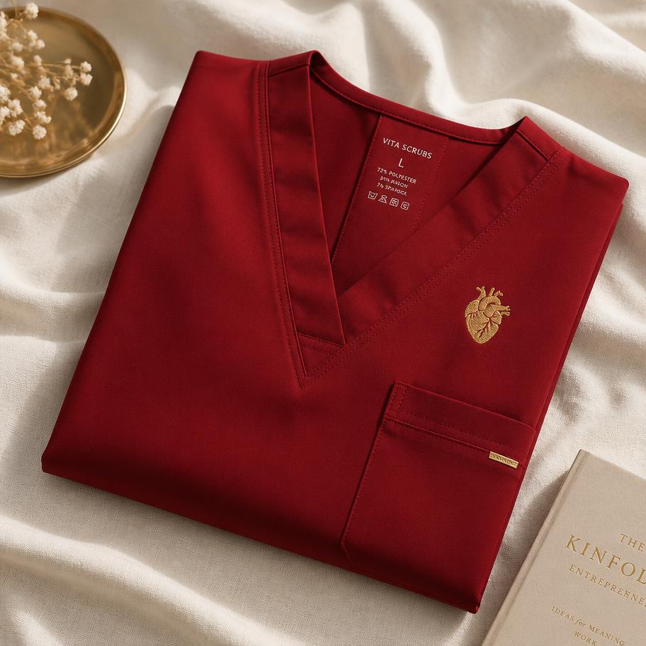 Folded crimson REDS scrub top with a gold cardiology crest on the chest