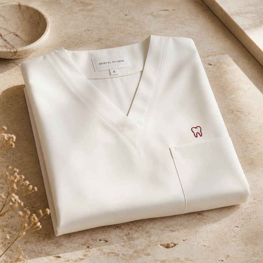 Folded white REDS scrub top with a small crimson tooth crest