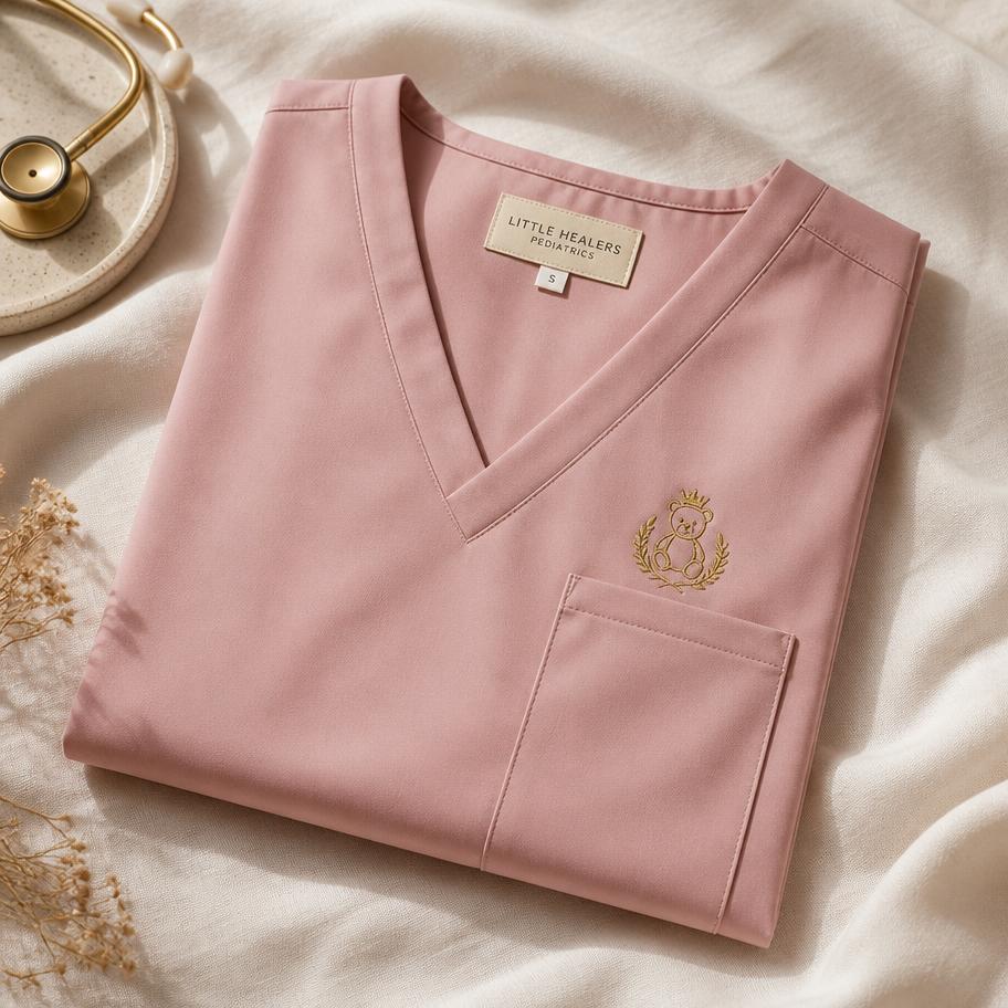 Folded blush pink REDS scrub top with a gold bear crest