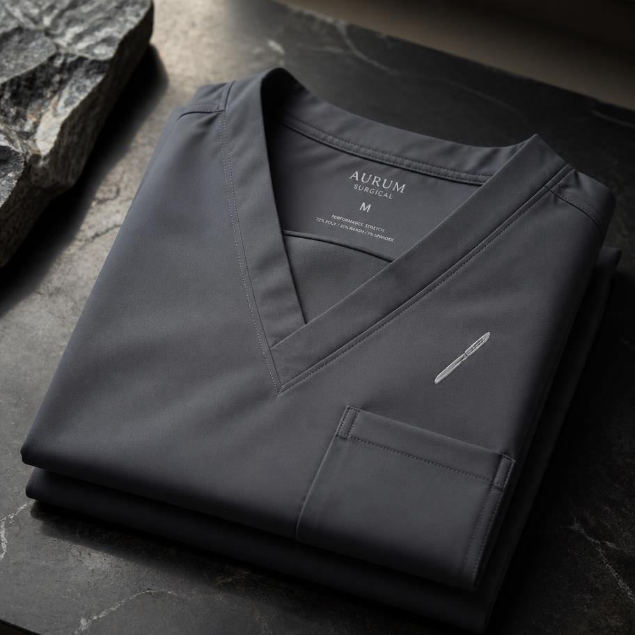 Folded graphite grey REDS surgical scrub top with a silver crest