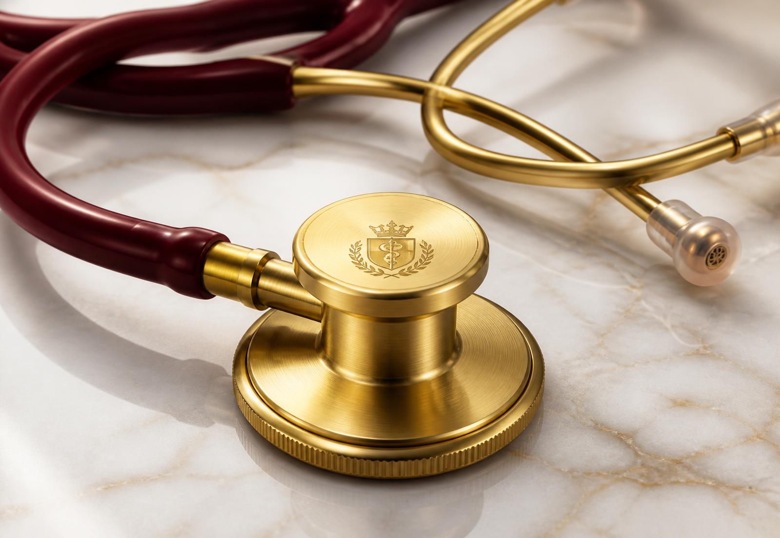 Crimson and gold REDS stethoscope with an engraved crest on ivory marble
